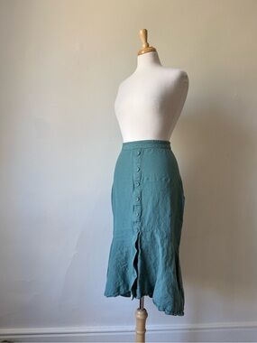Forever New Linen Blend Button Front Midi Skirt Seafoam Green Flounce Hem